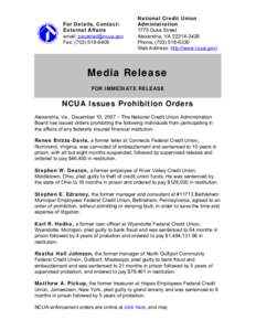 Media Release - NCUA Issues Prohibition Orders