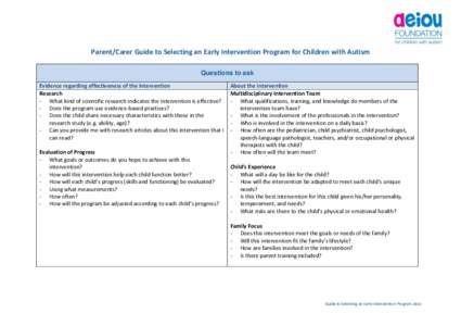 Parent/Carer Guide to Selecting an Early Intervention Program for Children with Autism Questions to ask Evidence regarding effectiveness of the intervention Research - What kind of scientific research indicates the inter
