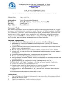 SITTING BULL COLLEGE 9299 HWY 24 FORT YATES, ND[removed]www.sittingbull.edu[removed]EMPLOYMENT OPPORTUNITIES ***************************************************************