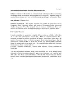 Disc Log 181  Information Released under Freedom of Information Act Subject: Statistics on the number of complaints made to Companies House concerning alleged non receipt of documents and the number of occasions that Com