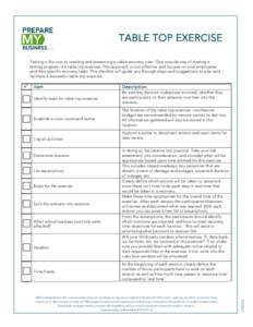 TABLE TOP EXERCISE Testing is the crux to creating and preserving a viable recovery plan. One popular way of starting a testing program is a table top exercise. This approach is cost effective and focuses on your employe