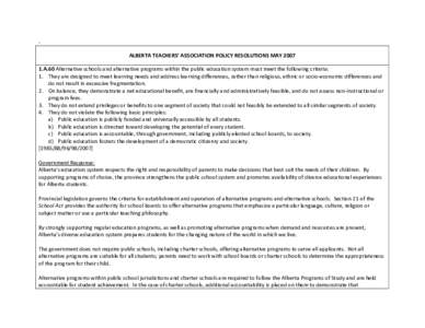 ALBERTA TEACHERS’ ASSOCIATION POLICY RESOLUTIONS MAY 2007