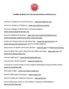 Credible Websites for Vaccine Information and Resources  American Academy of Family Physicians – www.familydoctor.org American Academy of Pediatrics -www.aap.org/immunization American College of Obstetricians and Gynec