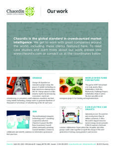 Our work  Chaordix is the global standard in crowdsourced market intelligence. We get to work with great companies around the world, including these clients featured here. To read case studies and learn more about our wo