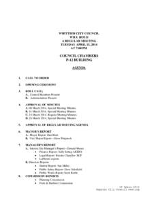 WHITTIER CITY COUNCIL WILL HOLD A REGULAR MEETING TUESDAY APRIL 15, 2014 AT 7:00 PM