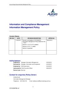 Aurora Energy Group Information Management Policy  Information and Compliance Management Information Management Policy  Version History