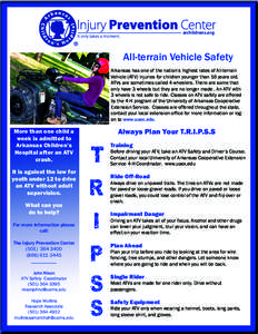 BSDIJMESFOTPSH  All-terrain Vehicle Safety Arkansas has one of the nation’s highest rates of All-terrain Vehicle (ATV) injuries for children younger than 16 years old. ATVs are sometimes called 4-wheelers. There are s