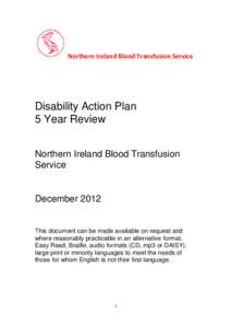 Northern Ireland Blood Transfusion Service  Disability Action Plan 5 Year Review Northern Ireland Blood Transfusion Service