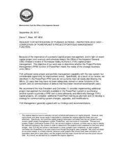 TVA RESTRICTED INFORMATION  Memorandum from the Office of the Inspector General September 28, 2012 Diane T. Wear, WT 4B-K