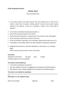 Polish Geographical Review REVIEW SHEET Title of reviewed article: 1. Is the matter raised by the article important from the scientific point of view and can interest a wider circle of readers, including abroad?