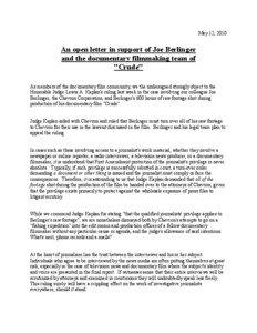 May 12, 2010  An open letter in support of Joe Berlinger