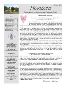 HORIZONS  February 2014 The Newsletter of the Saints at Heritage Presbyterian Church Inside: