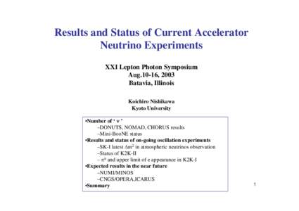 Results and Status of Current Accelerator Neutrino Experiments XXI Lepton Photon Symposium Aug.10-16, 2003 Batavia, Illinois Koichiro Nishikawa
