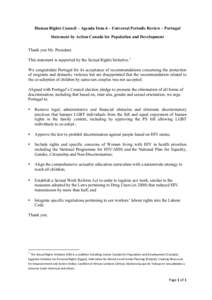 Human Rights Council – Agenda Item 6 – Universal Periodic Review – Portugal Statement by Action Canada for Population and Development Thank you Mr. President. This statement is supported by the Sexual Rights Initia