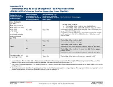 Addendum 19-1B  Termination Due to Loss of Eligibility: Self-Pay Subscriber COBRA/LWOP, Retiree, or Survivor Subscriber Loses Eligibility Subscriber is no longer eligible due