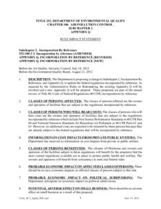 TITLE 252. DEPARTMENT OF ENVIRONMENTAL QUALITY CHAPTER 100. AIR POLLUTION CONTROL SUBCHAPTER 2 APPENDIX Q RULE IMPACT STATEMENT