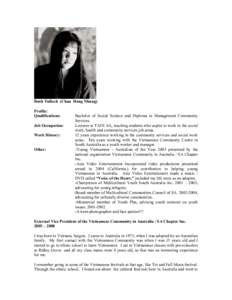 Ruth Tulloch (Chau Hong Nhung) Profile: Qualifications: Job Occupation: Work History: Other: