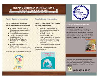 HELPING CHILDREN WITH AUTISM & BETTER START PROGRAMS PROGRAM INFORMATION & FEE SCHEDULE FOR DIANELLA COMMUNITY HEALTH Family Based Intervention