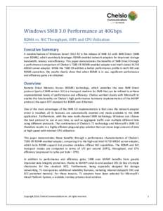 Windows SMB 3.0 Performance at 40Gbps RDMA vs. NIC Throughput, IOPS and CPU Utilization Executive Summary A notable feature of Windows Server 2012 R2 is the release of SMB 3.0 with SMB Direct (SMB over RDMA), which seaml