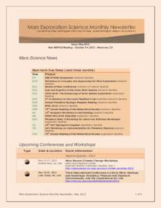 Issue: May 2012 Next MEPAG Meeting – October 3-4, 2012 – Monrovia, CA Mars Science News Near-term Due Dates (next three months) Due
