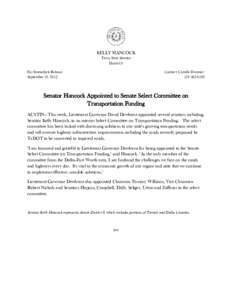 KELLY HANCOCK Texas State Senator District 9 For Immediate Release September 19, 2013