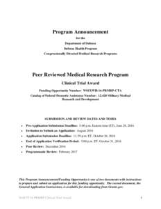 Program Announcement for the Department of Defense Defense Health Program Congressionally Directed Medical Research Programs