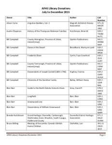 AFHS Library Donations July to December 2015 Donor Title