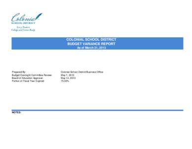 COLONIAL SCHOOL DISTRICT BUDGET VARIANCE REPORT As of March 31, 2013 Prepared By: Budget Oversight Committee Review: