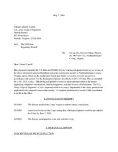 May 2, 2001  Colonel Allan B. Carroll U.S. Army Corps of Engineers Norfolk District 803 Front Street