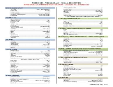 WARRIOR III – PA28-161 (GLASS) – NORMAL PROCEDURES BEFORE ENGINE START THROUGH ENGINE SHUTDOWN – CHECKLIST WILL BE VERBALIZED BEFORE ENGINE START TACH TIME ..........................................................