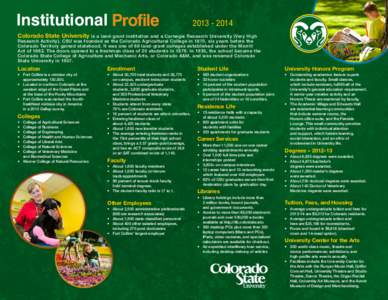 Institutional Profile[removed]Colorado State University is a land-grant institution and a Carnegie Research University (Very High Research Activity). CSU was founded as the Colorado Agricultural College in 1870, six
