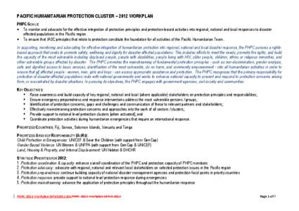 PACIFIC HUMANITARIAN PROTECTION CLUSTER – 2012 WORKPLAN PHPC GOALS: • To monitor and advocate for the effective integration of protection principles and protection-based activities into regional, national and local r