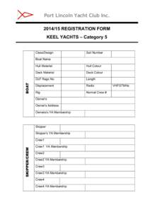 Port Lincoln Yacht Club Inc[removed]REGISTRATION FORM KEEL YACHTS – Category 5 Class/Design