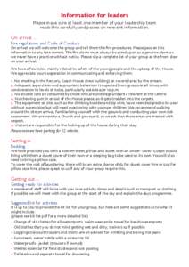 Information for leaders Please make sure at least one member of your leadership team reads this carefully and passes on relevant information. On arrival ... Fire regulations and Code of Conduct