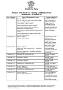 Ministerial Diary1 Minister for Education, Training and Employment 1 November 2013 – 30 November 2013 Date of Meeting 1 November 2013