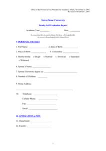 Office of the Provost & Vice-President for Academic Affairs, November 14, 2001. Revised on November 7, 2007. Notre Dame University Faculty Self-Evaluation Report Academic Year _________