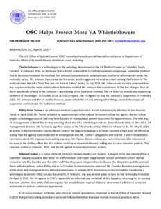 U.S. Office of Special Counsel 1730 M Street, N.W., Suite 218 Washington, D.COSC Helps Protect More VA Whistleblowers FOR IMMEDIATE RELEASE