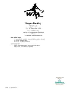 Singles Ranking Numeric List For: 27 December 2004