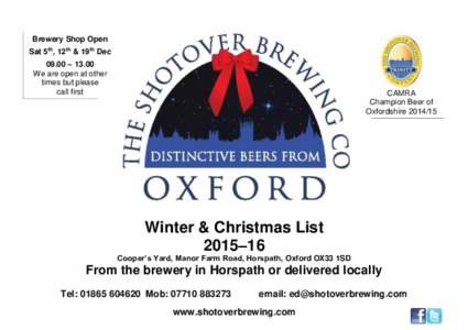 Brewery Shop Open Sat 5th, 12th & 19th Dec 09.00 – 13.00 We are open at other times but please call first