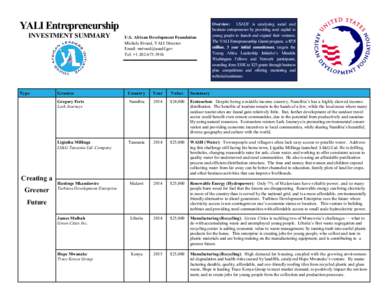 YALI Entrepreneurship INVESTMENT SUMMARY Type  Creating a