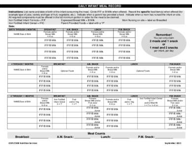 DAILY INFANT MEAL RECORD Instructions: List name and date of birth of the infant consuming the meal. Circle IFIF or B Milk when offered. Record the specific food item(s) when offered (for example type of juice, variety a