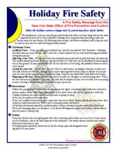 Holiday Fire Safety A Fire Safety Message from the New York State Office of Fire Prevention and Control Make the holiday season a happy time by practicing these safety habits. The holidays are a time to enjoy family and 