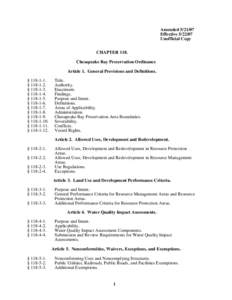 Amended[removed]Effective[removed]Unofficial Copy CHAPTER 118. Chesapeake Bay Preservation Ordinance Article 1. General Provisions and Definitions.