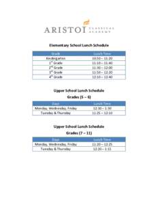 Elementary School Lunch Schedule Grade Kindergarten 1st Grade 2nd Grade 3rd Grade