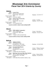 Mississippi Arts Commission Fiscal Year 2014 Grants by County Adams Name: Carolyn Weir Address: 228 Lower Woodville Road Natchez, MS[removed]