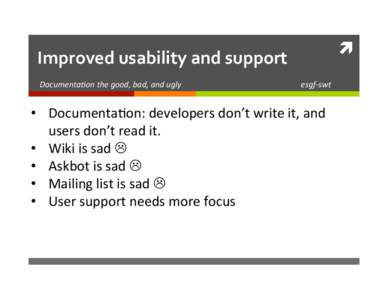 Improved	
  usability	
  and	
  support	
   	
  Documenta*on	
  the	
  good,	
  bad,	
  and	
  ugly	
  	
  	
  	
  	
  	
  	
  	
  	
  	
  	
  	
  	
  	
  	
  	
  	
  	
  	
  	
  	
  	
  	