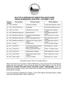 2014 CITY & BOROUGH OF JUNEAU POLLING PLACES REGULAR MUNICIPAL ELECTION – OCTOBER 7, 2014 Precinct Number 34 – 400