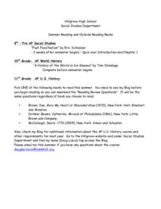 Hillgrove High School Social Studies Department Summer Reading and Outside Reading Books 9th – Pre AP Social Studies “Fast Food Nation” by Eric Schlosser - 2 weeks after semester begins – Quiz over Introduction a