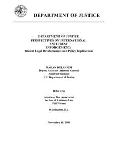 Department of Justice Perspectives on International Antitrust Enforcement: Recent Legal Developments and Policy Implications