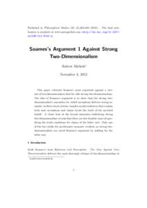 Published in Philosophical Studies[removed]):[removed]) – The final publication is available at www.springerlink.com (http://dx.doi.org[removed]s11098[removed]x) Soames’s Argument 1 Against Strong Two-Dimensional
